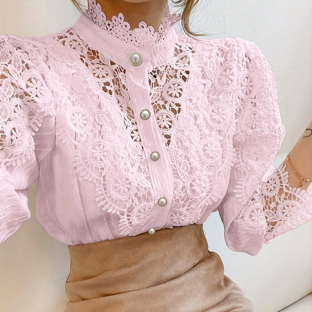Pink Elegant Women's Mock Neck Victorian Lace Puff Sleeve Shirt Blouse - Picture 1 of 3